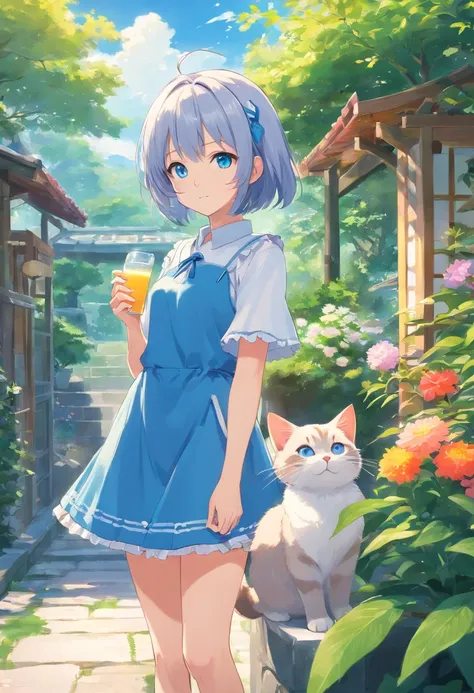 Stand in the garden、Wearing everyday clothes，silber hair，blue eyes、Cat-eared girl, Loli in dress having breakfast, small loli, realistic, thiccwithaq, small loli girl, soft anime illustration, Anime visuals of cute girls, Detailed Digital Anime Art, (((No ...