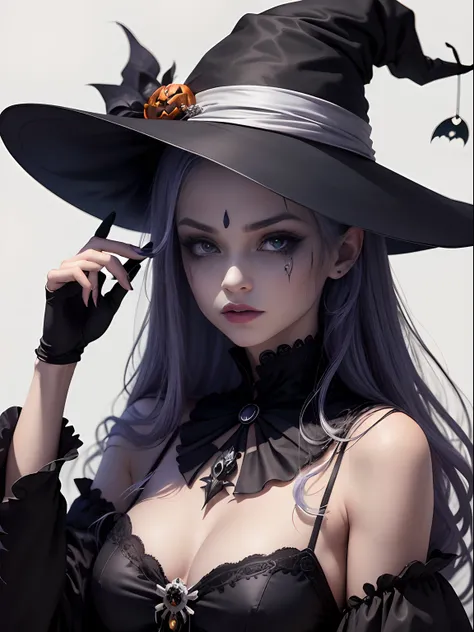 Imagem de estilo vetorial de design de alta qualidade, estilo estampa de camiseta, White background of graphic art of a Halloween style witch, cores brilhantes e realistas, Old style witch with a pointy hat, nariz com uma verruga e um gato preto ao seu lad...