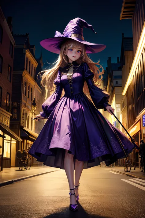 hight resolution, top-quality,  ultra-quality, The ultra-detailliert, lighting like a movie、Witch Walking in Halloweentown、holding an cane、Purple dress、In the street、Walking around the city、