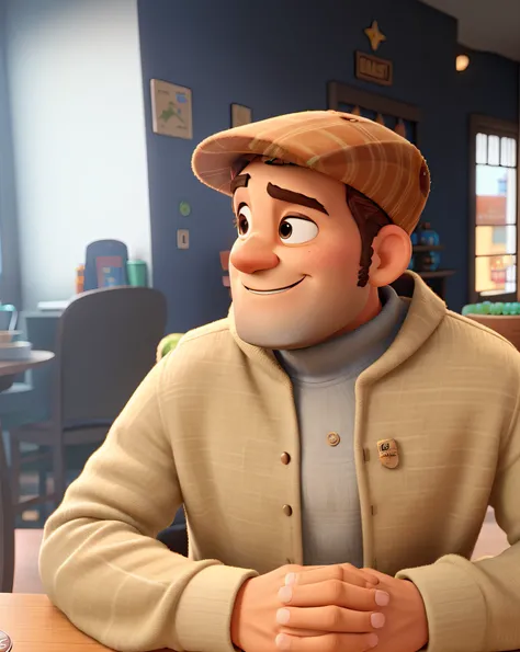 Um homem de boina ao estilo disney pixar, High quality in one coffee.