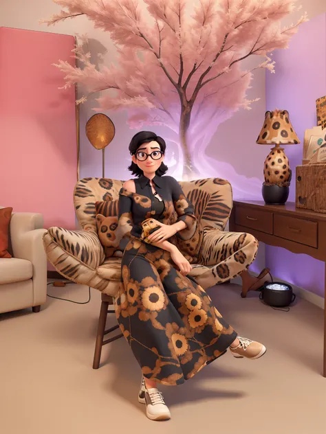 Thirty-four year old woman high quality pixar model short hair down black shoulders in leopard glasses