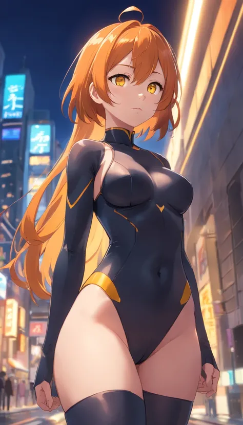 1 female、Orange hair、Colossal tits、Big ass、Black catsuit、yellow  eyes、Large, thick thighs、a short bob、wide hips