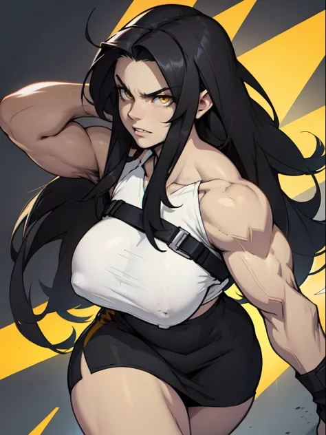 angry girl very long hair ((muscular)) girl pale skin black hair yellow eyes huge breasts