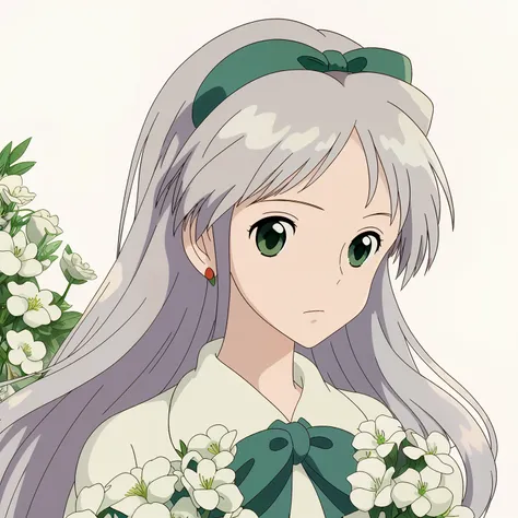 one girl, long gray hair, green eyes, white flowers, green bow, ghibli art style