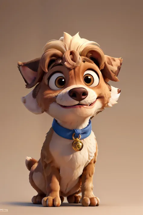 uma cachorrinha, Shitzu breed, with low hair on the cream-colored body and larger hair on the cause and champagne-colored head and bronze-colored ear tips and muzzle, with a royal blue bow on his head holding a strand of fur, no estilo Disney Pixar