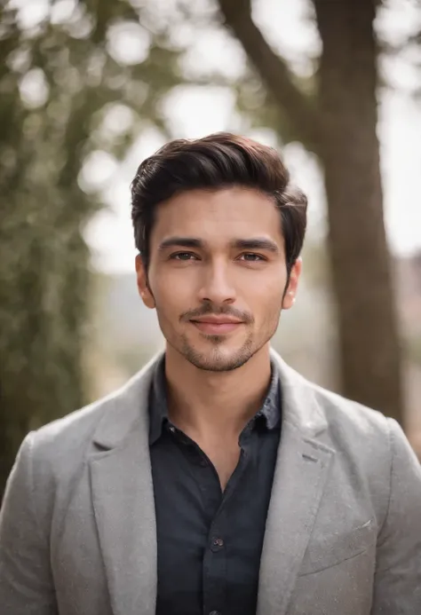 Portrait of handsome man 30 years oval face cinematic appearance、Camisa branca e jaqueta com gola、looking at the camera, hispanic, smiling, cheerful, black hair,