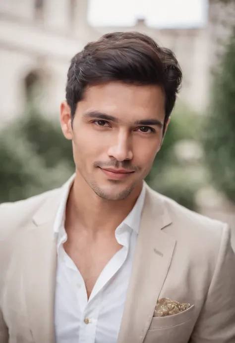 Portrait of handsome man 30 years oval face cinematic appearance、Camisa branca e jaqueta com gola、looking at the camera, hispanic, smiling, cheerful, black hair, blazer, white shirt