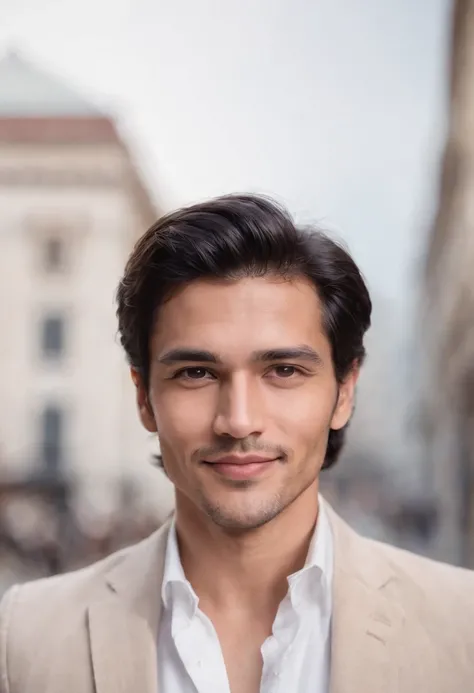 Portrait of handsome man 30 years oval face cinematic appearance、Camisa branca e jaqueta com gola、looking at the camera, hispanic, smiling, cheerful, black hair, blazer, white shirt