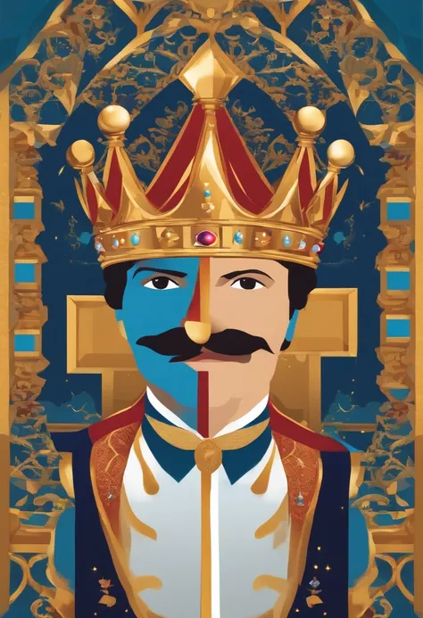 Disney Pixel Man Style Poster, olhos azuis , rosto levemente fino, bigode e barbicha curtinhas boca fina e rosada, symmetrical nose. prince, branco, golden crown on head