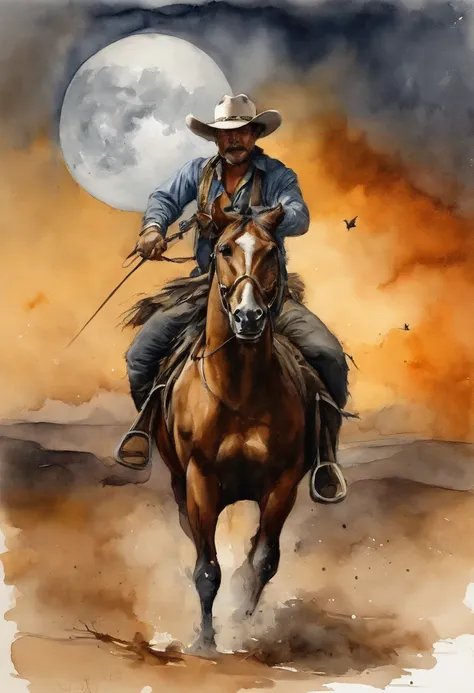 There is a man on a horse in front of a full moon, Andar a cavalo na lua, vaqueiro, Cowboy na Faixa, Back photo of a cowboy, No Velho Oeste, O Cowboy no Estranho Oeste, Velho Oeste, Lone guard, sonho de vaqueiro, quadrinhos ocidentais inspirados, lonely ri...