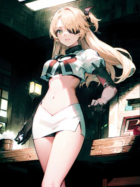 fischl (genshin impact), green eyes, (white pupils:1.2), fischl (genshin impact), medium_breasts, blonde hair, eyepatch, long hair,hair over one eye,1girl,team rocket,team rocket uniform,white skirt,crop top,black thigh-highs,black elbow gloves,