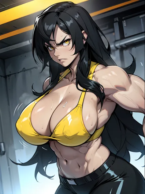 angry girl very long hair (((muscular))) girl pale skin black hair yellow eyes huge breasts sweaty shiny skin