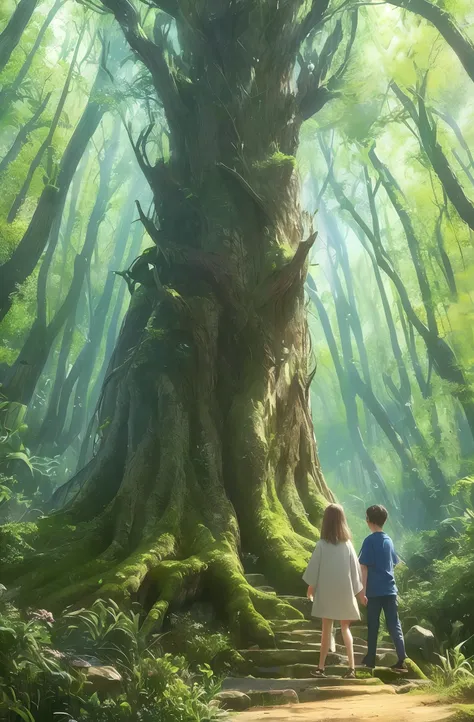 Retrate dois jovens personagens, one of them with a deep connection with nature, Traveling through a lush forest guided by vivid dreams and visions. They stumble upon a hidden clearing within the forest, Where an ancient tree spirit comes to life. The spir...