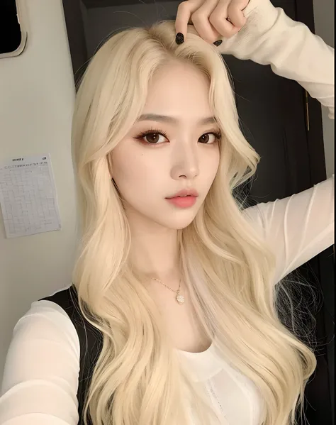 um close up de uma mulher com longos cabelos loiros e uma camisa branca, longos cabelos loiros e olhos grandes, Ulzzang, com longos cabelos brancos, longos cabelos loiros e olhos grandes, Jaeyeon Nam, com cabelos longos brancos, menina coreana, Mulher sul-...