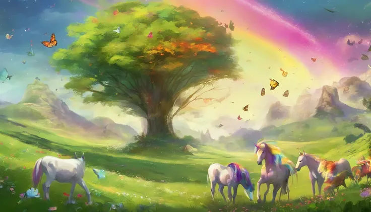 "(best quality,4k,highres,masterpiece:1.2),ultra-detailed,realistic,photorealistic:1.37,landscape,green meadow, unicorns grazing, (giant butterflies,butterflies larger than life) fluttering,vibrant rainbow"