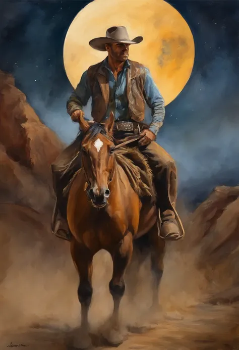 There is a man on a horse in front of a full moon, Andar a cavalo na lua, vaqueiro, Cowboy na Faixa, Back photo of a cowboy, No Velho Oeste, O Cowboy no Estranho Oeste, Velho Oeste, Lone guard, sonho de vaqueiro, quadrinhos ocidentais inspirados, lonely ri...