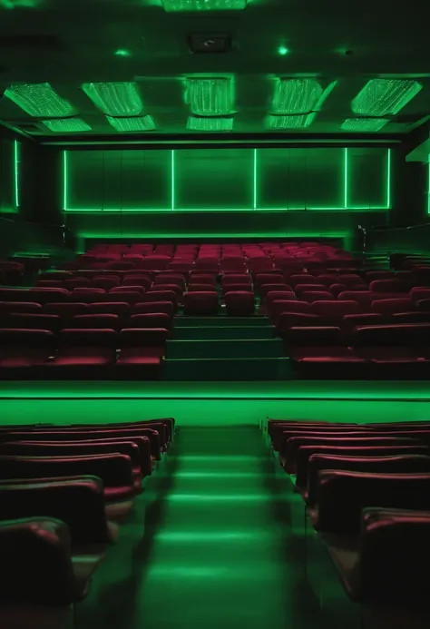 quadro negro com borda neon verde em uma sala de aula cheia de tecnologia