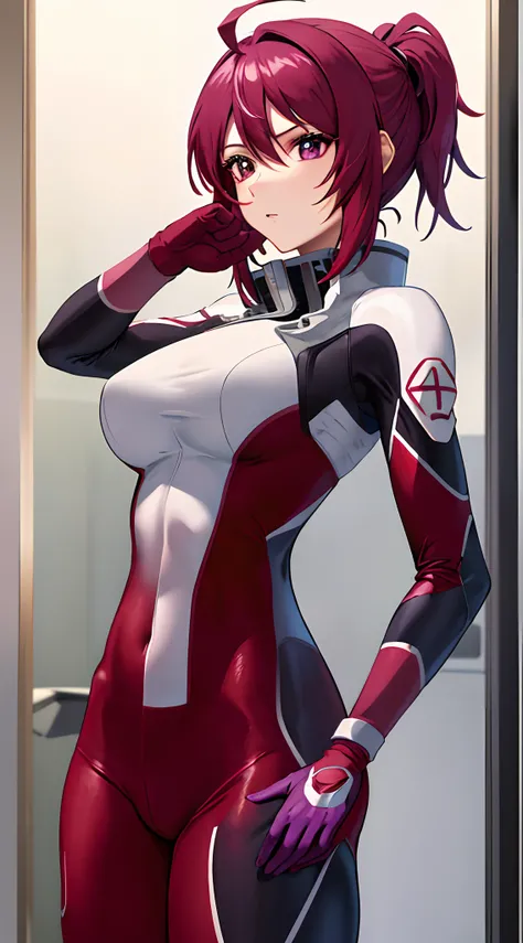 ​masterpiece, top-quality, hight resolution, 1girl in, 独奏, shorth hair, Ahoge, red hairs, a purple eye, purple color  hair, pilotsuit, gloves, cowboy  shot, is standing, spaceships, Indoors, saluting,