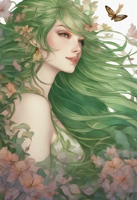 in woods,Rex Ray, Split color hair, Wind, flying petal, stainedglassai, ornamental, Intricate details, dufkova, 2D, linear art, watercolor paiting, Ink and watercolor, green colored hair, Super long hair, Wavy,alraune,flower, alraune,neuter、