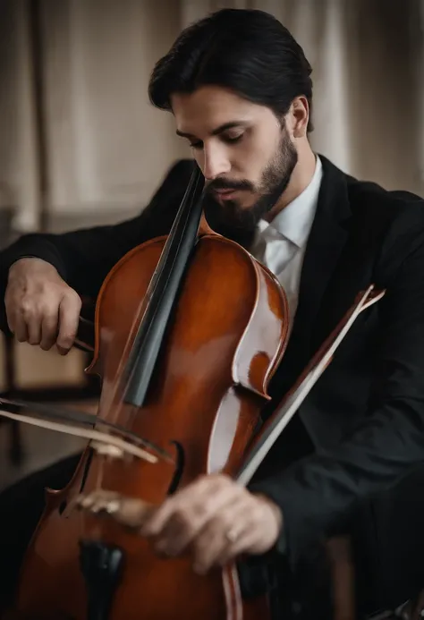 A realistic image of a male musician with black hair, brown eyes and straight brown hair playing a classical violin solo with an orchestra around him. Shot from a low angle to capture the feeling of nostalgia and beauty.