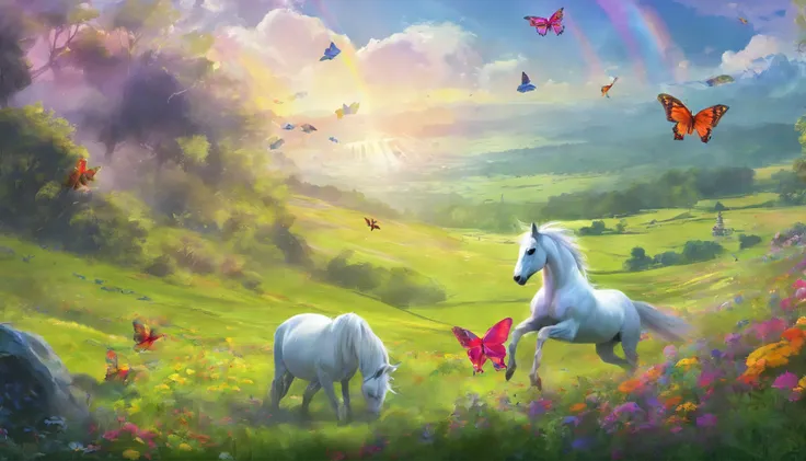 "(best quality,4k,highres,masterpiece:1.2),ultra-detailed,realistic,photorealistic:1.37,landscape,green meadow, unicorns grazing, (giant butterflies,butterflies larger than life) fluttering,vibrant rainbow"