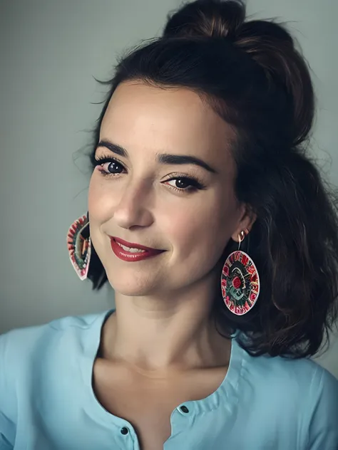 mulher sorridente com cabelo longo e uma camisa branca e gravata borboleta preta e branca, brincos enormes e maquiagem queer, in...