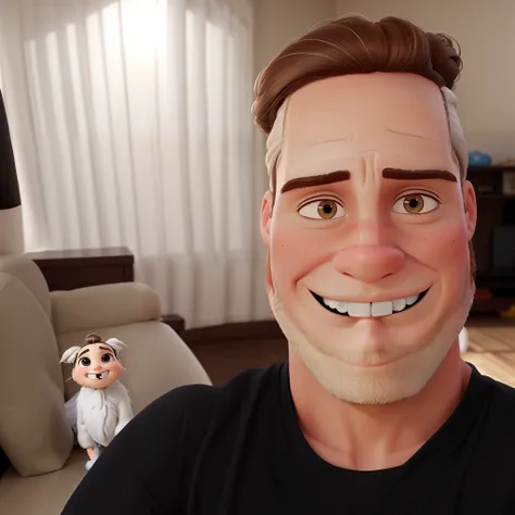 White man with bun hairstyle, Usar anteojos y una hermosa sonrisa, estilo pixar