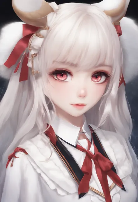 Menina anime com cabelo branco e orelhas de coelho, olhos vermelhos, shy blush, Uniforme escolar