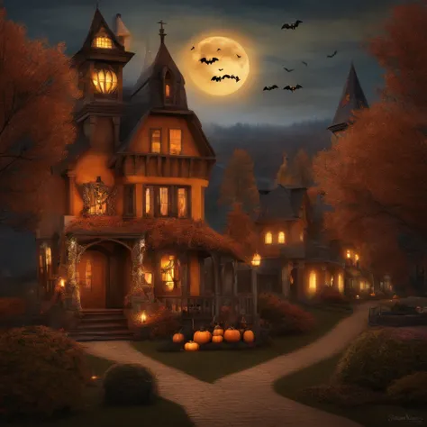 Cozy town decorated for halloween