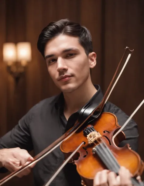 A realistic image of a male musician with black hair, Brown eyes and straight brown hair playing a classical violin solo with an orchestra around him. Shot from a low angle to capture the sense of nostalgia and beauty.