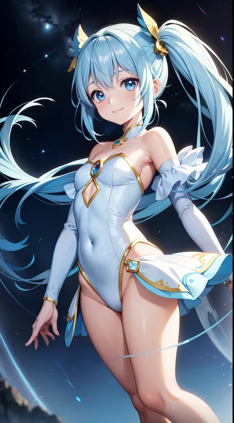 Super Idol　tiny girl　A charming smile　sky blue hair　length hair　Twin-tailed　Glittering white, blue and yellow leotards　facing front　Mystical　Fantasia　constellation　a moon　Crystal Brilliance　Aurora Borealis in the Night Sky