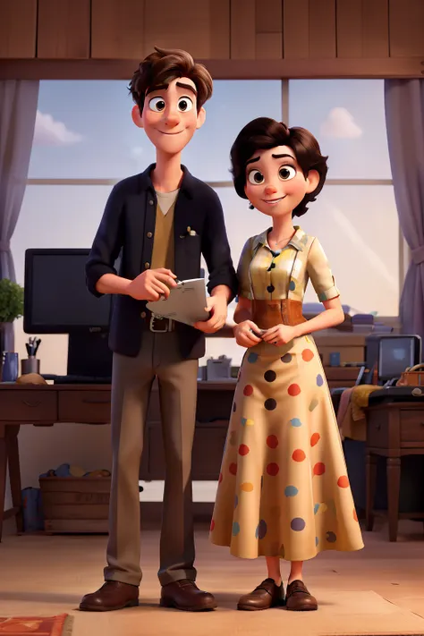 Disney pixar style 3d banner of a couple where he is a seamstress with dark blonde hair and he works with actions on the computer with black hair