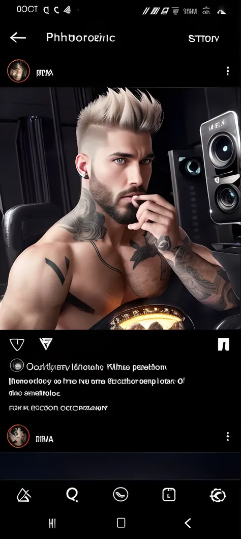 medium shot modelshoot of brutal rocker male , thick beard, wide jaw, medium length hair, (clear face:1.5), tattoo, detailed face, amazing body, natural skin texture, (cinematography:1.2), (photorealistic:1.5), hyperdetailed, heightened detail, (action pos...