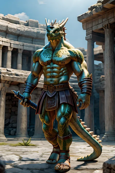 argonian, solo, male, shirtless, red neck, spikes on head, green scales, huge muscular frame, greek sword, round spartan shield,...