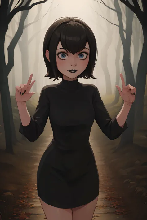 mavis, head, standing in woods, black lipstick, cute