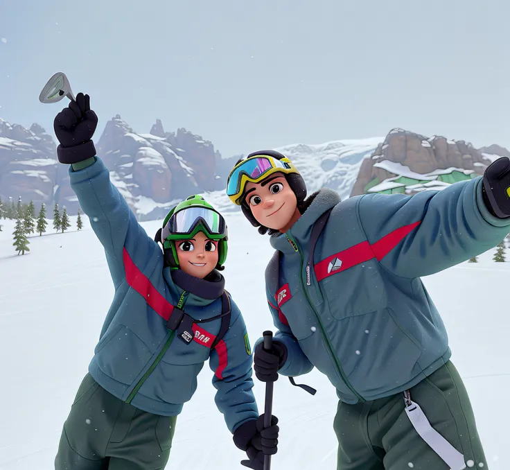 Um casal com equipamentos de ski, Green goggles on helmet, estilo disney pixar, alta qualidade, melhor qualidade