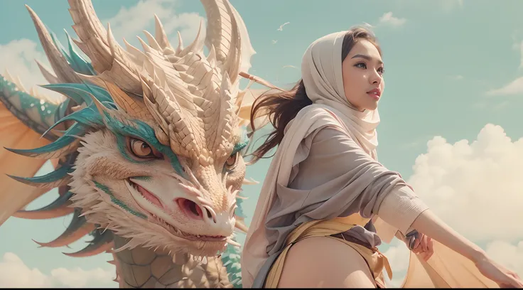 Create a scene where the Malay girl in hijab and malay women traditional attire is riding a majestic, photorealistic dragon through the skies. Shes a dragon tamer in a breathtaking aerial adventure. style raw, pastel color grading, Super 8mm lense, Extreme...