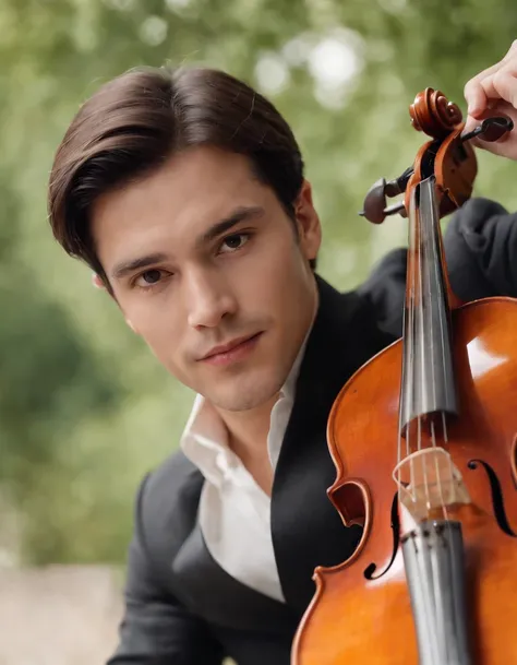 Use the previous image to create a realistic image of a male musician with black hair, Brown eyes and straight brown hair playing a classical violin solo with an orchestra around him. Shot from a low angle to capture the sense of nostalgia and beauty.