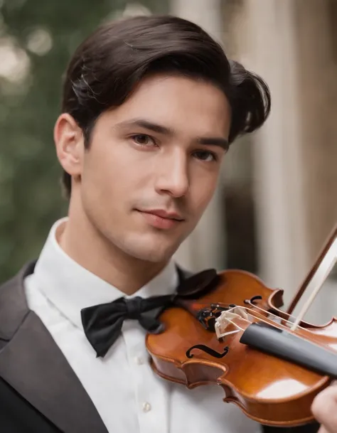 Use the previous image to create a realistic image of a male musician with black hair, Brown eyes and straight brown hair playing a classical violin solo with an orchestra around him. Shot from a low angle to capture the sense of nostalgia and beauty.