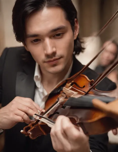 Use the previous image to create a realistic image of a male musician with black hair, Brown eyes and straight brown hair playing a classical violin solo with an orchestra around him. Shot from a low angle to capture the sense of nostalgia and beauty.