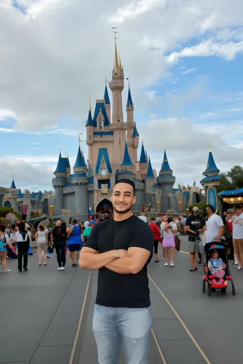 Arafed man standing in front of a castle with a bunch of people, com um castelo ao fundo, Castelo no fundo, Castelo no fundo, ( Castelo no fundo ), mundo disney, Artista Disney, disney 8 k foto, Cantor Maluma, background is disneyland castle, Walt Disney M...