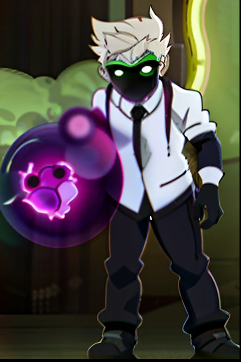 A closeup of a person in white shirt and black pants holding a purple ball, transformando-se em sua forma final, imagem de anime safebooru, Ginko mostrando um novo mushi, aura negra brilhante, dapper dream demon, purple glowing core in armor, Tsukasa Dokit...