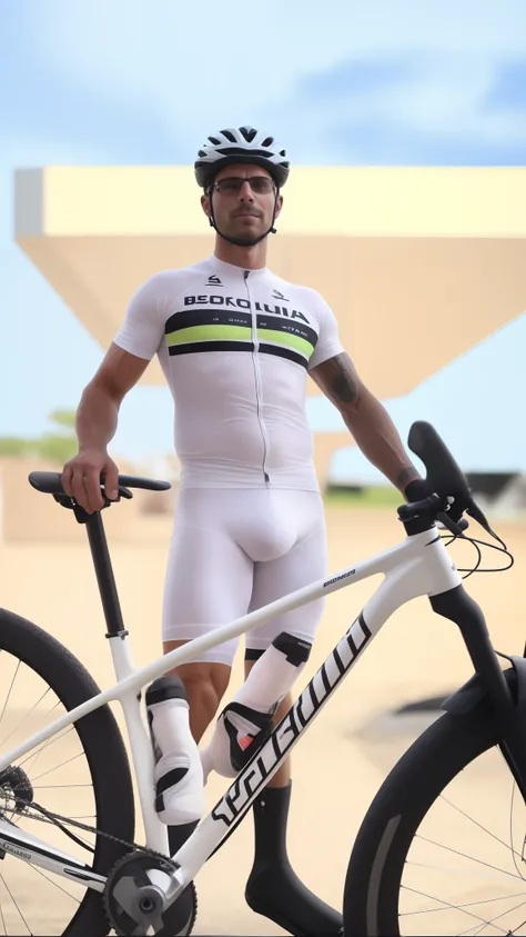 Homem de camisa branca e bermuda ao lado de uma bicicleta, full body photogenic shot, album photo, corpo inteiro disparado de perto, Bram Sels, inspirado em Egbert van der Poel, suave em segundo plano, retrato frontal completo, tiro de corpo inteiro, 🤬 🤮 💕...