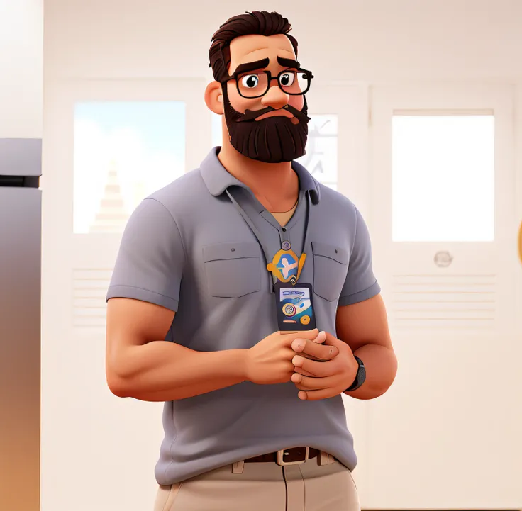 Poster no estilo Disney pixar, alta qualidade, melhor qualidade, homem sexy branco, 30 anos cabelo preto barba preta, musculoso, barbearia,feliz