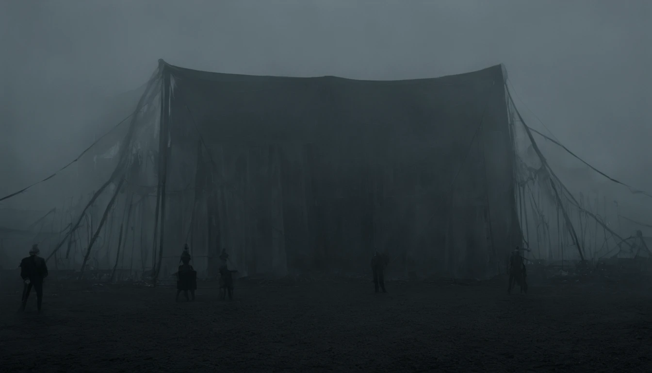 Eerie image of a circus of bizarreness in the midst of a mist, fotografia de filme de terror