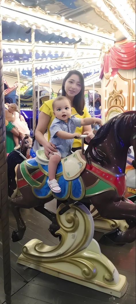 Theres a woman and a baby riding a carousel horse, montado em um cavalo prancing, com cavalo conduzido, andar a cavalo, carrossel, em um cavalo, andar a cavalo, divertindo-se, Passeios em feiras, with a kid, horseback riding, Divirta-se, 👰 🏇 ❌ 🍃, garotinho...