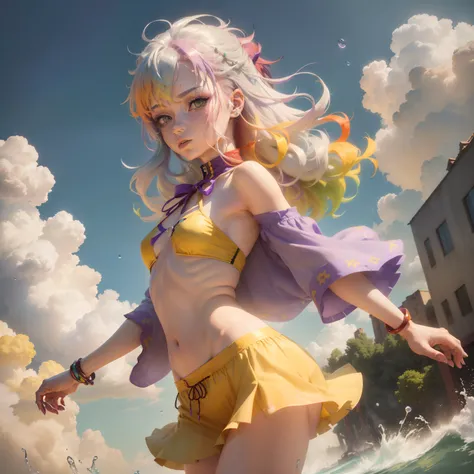 1.5),(1 girl),(Dynamic Pose),(multicolored hair+Silver hair:1.3+Red hair:1.2+Purple hair+Yellow hair:1.3+Green hair:1.3),(Blue eyes),(Neck ribbon),(floating),(cloud),(Too many drops of water),(Twilight),(watercolor paiting),(Wide Shot),anklets,sandal,