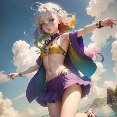 1.5),(1 girl),(Dynamic Pose),(multicolored hair+Silver hair:1.3+Red hair:1.2+Purple hair+Yellow hair:1.3+Green hair:1.3),(Blue eyes),(Neck ribbon),(floating),(cloud),(Too many drops of water),(Twilight),(watercolor paiting),(Wide Shot),anklets,sandal,