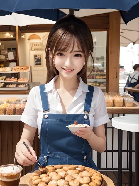 masutepiece、Best Quality、 ultra-detailliert、hight resolution、8K Wallpapers、Perfect dynamic composition,、Beautiful detailed eyes、(Beautiful breasts:1.1) 、Dark blue overalls、white  shirt、1girl in、a beauty girl、Brown hair、cafe terrace、Eat sweets in a large gl...