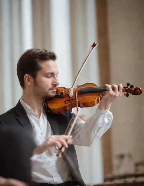 Use this image to use only the profile face for a realistic image of a musician playing classical violin as a solo with an orchestra around him. Shot from a low angle to capture the sense of nostalgia and beauty.